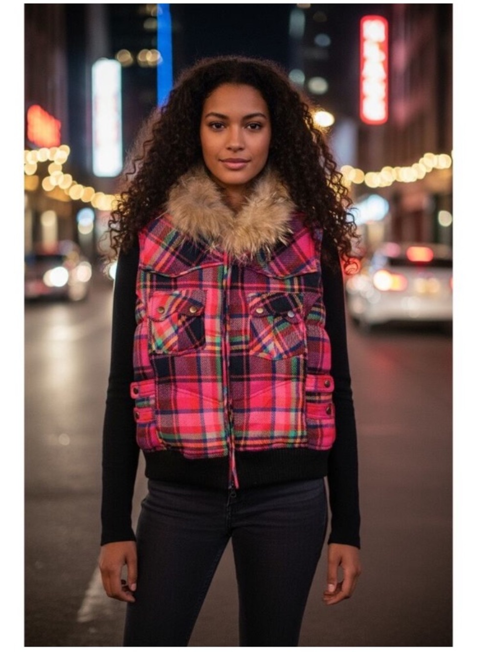 90s Y2K Alberto Makali Pink Plaid Wool Down Vest Fur Trim Puffer Medium CUTE FUN